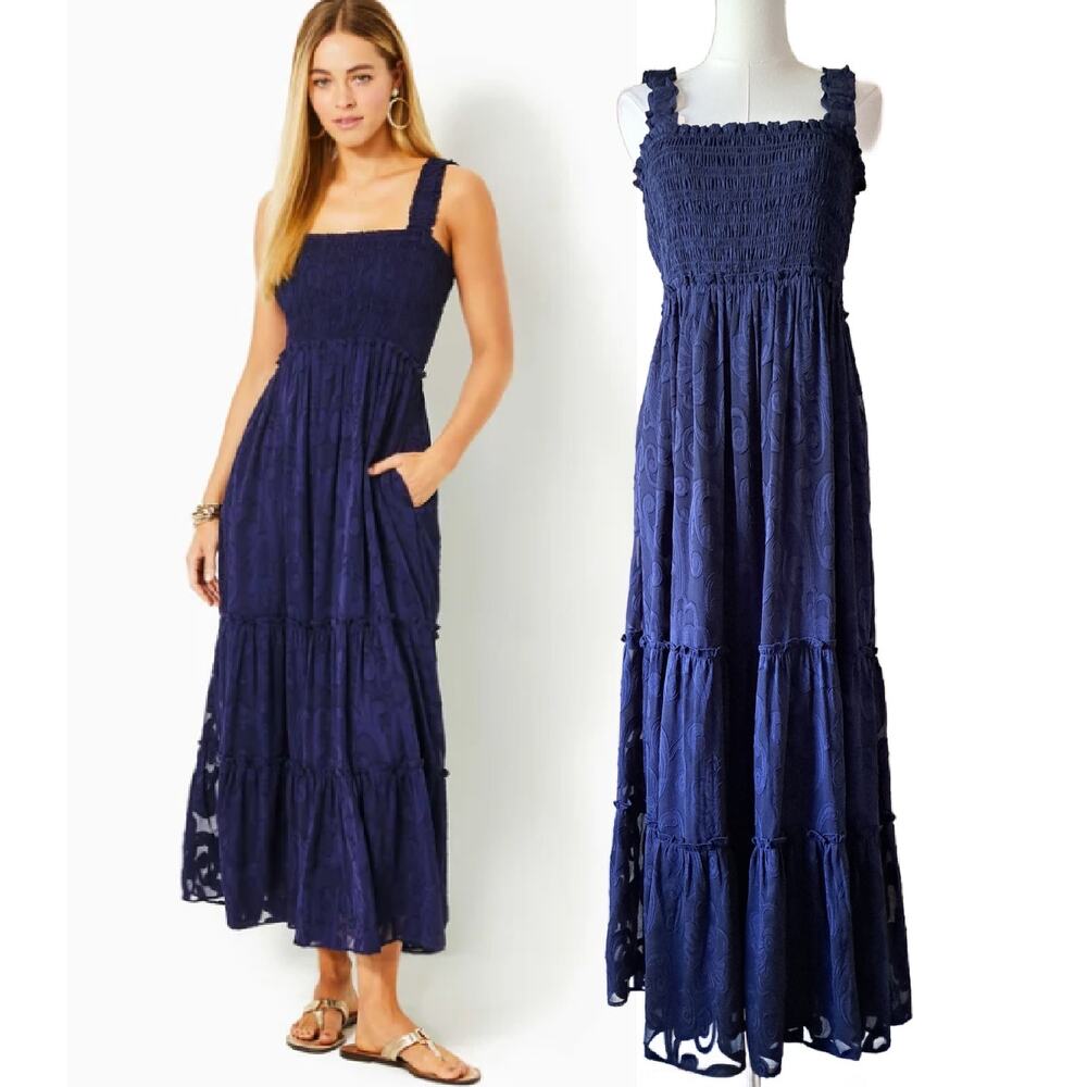 LILLY PULITZER Hadly Smocked Maxi Dress Size Large Navy Crepe Swirl Clip
